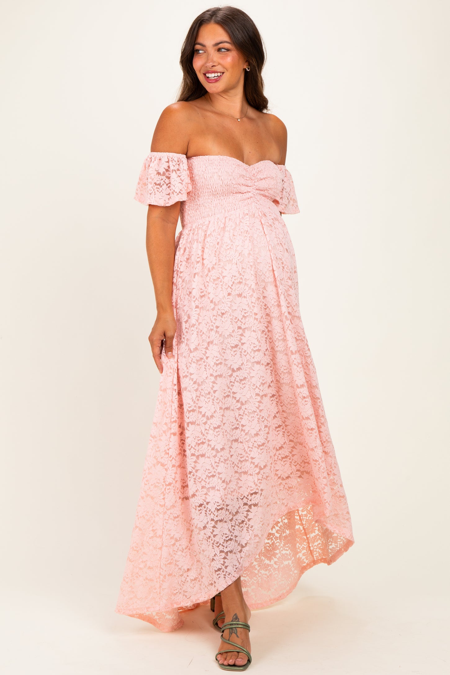 Light Pink Lace Off Shoulder Maternity Maxi Dress