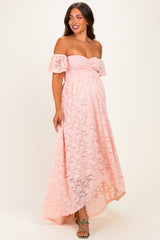 Light Pink Lace Off Shoulder Maternity Maxi Dress