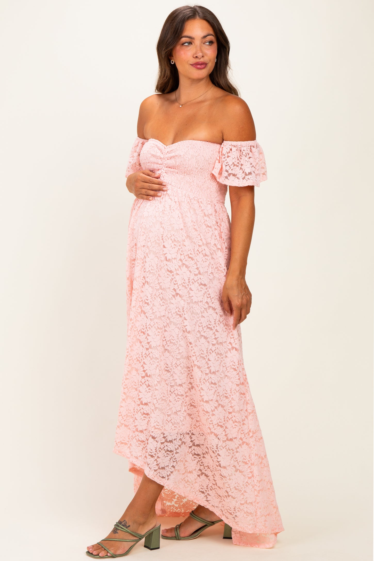 Light Pink Lace Off Shoulder Maternity Maxi Dress