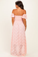 Light Pink Lace Off Shoulder Maternity Maxi Dress