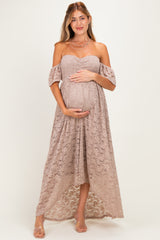 Mocha Lace Off Shoulder Maternity Maxi Dress