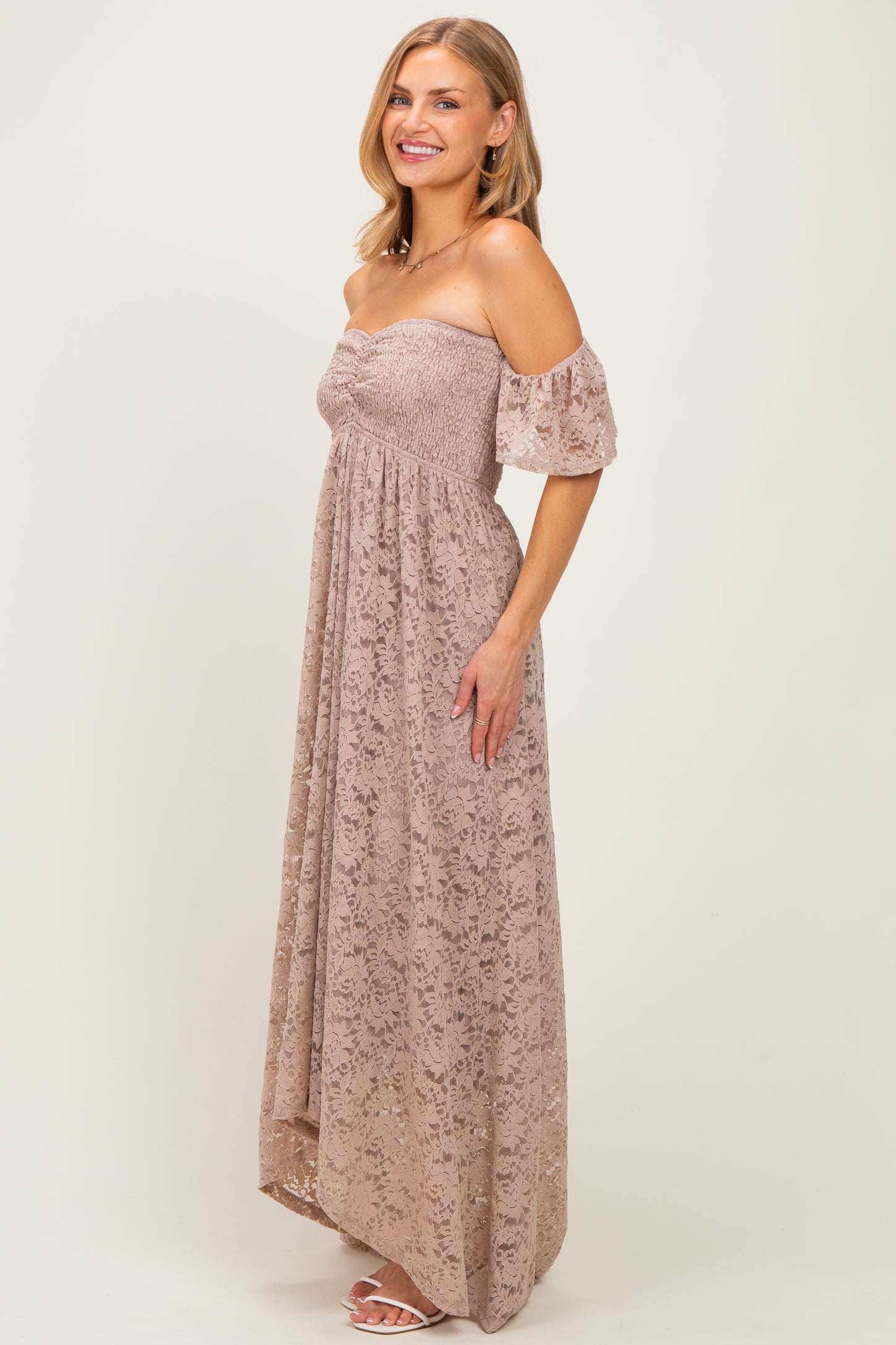 Mocha Lace Off Shoulder Maxi Dress