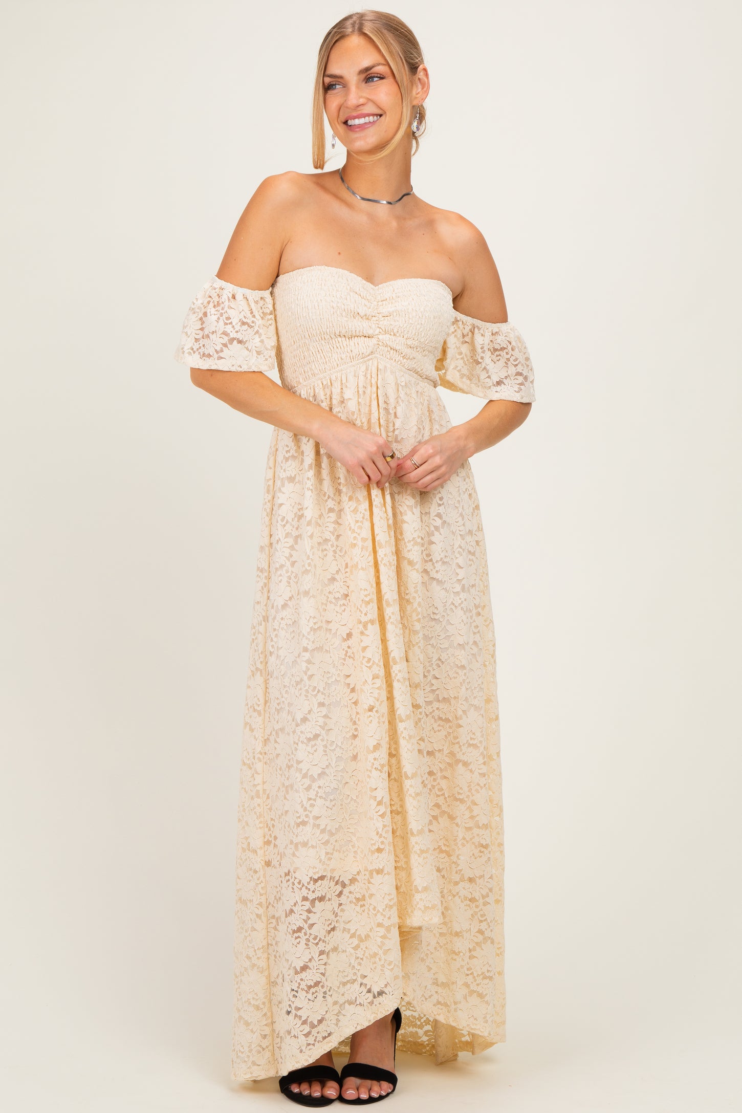 Ivory Lace Off Shoulder Maternity Maxi Dress