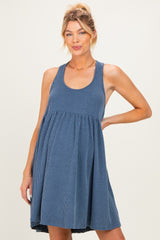 Blue Ribbed Sleeveless Open Back Maternity Midi Dress
