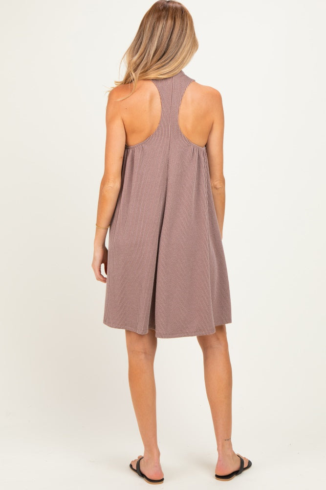 Mocha Ribbed Sleeveless Open Back Maternity Midi Dress