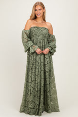 Olive Lace Off Shoulder Long Sleeve Maxi Dress