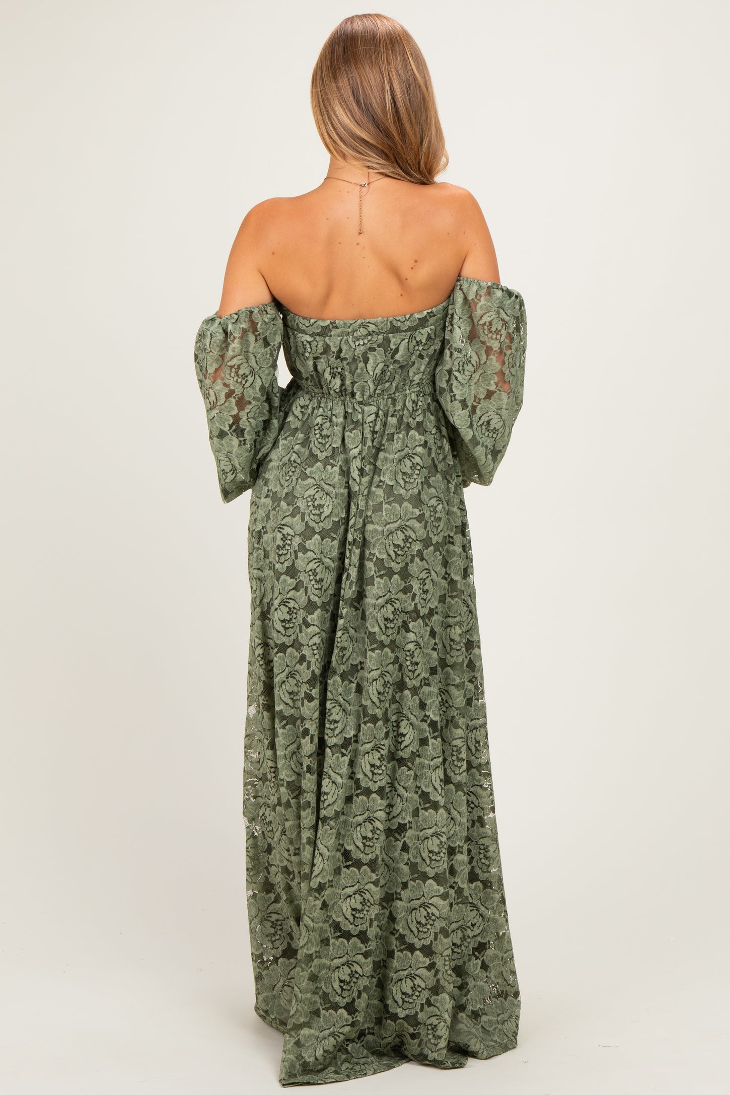 Olive Lace Off Shoulder Long Sleeve Maxi Dress