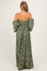Olive Lace Off Shoulder Long Sleeve Maxi Dress