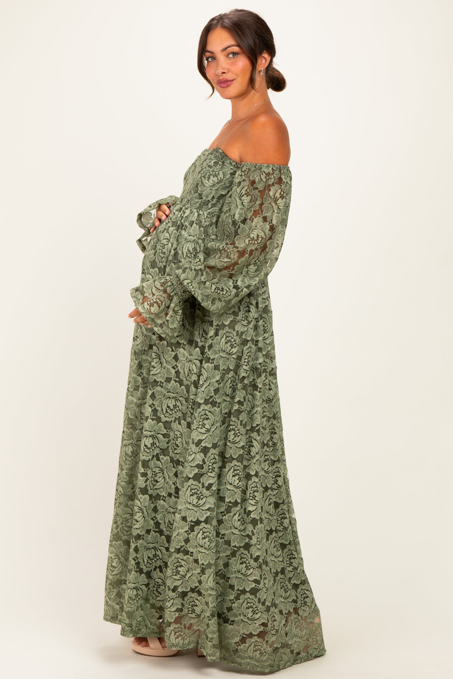 Olive Lace Off Shoulder Long Sleeve Maternity Maxi Dress