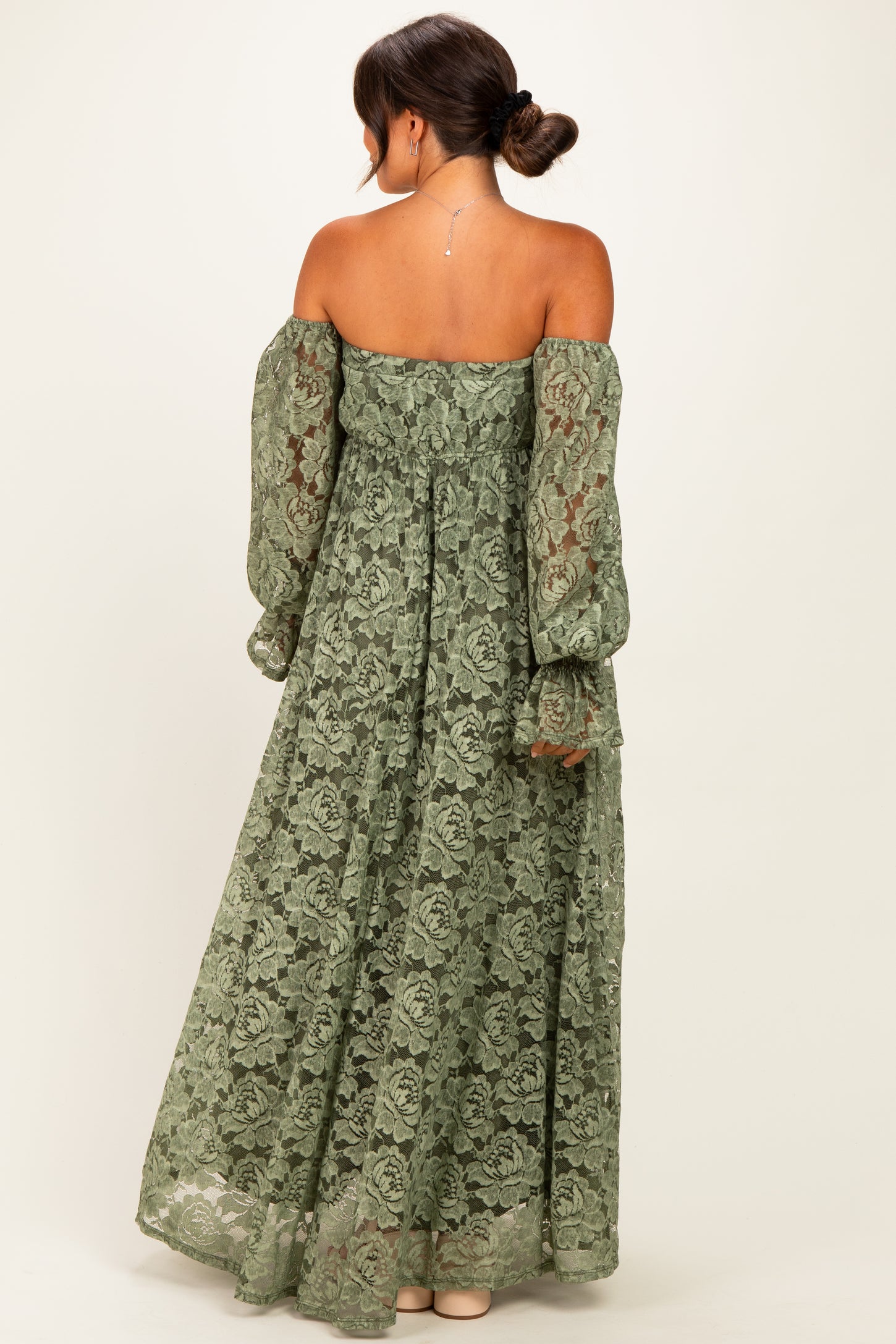 Olive Lace Off Shoulder Long Sleeve Maternity Maxi Dress