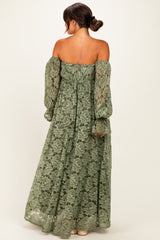 Olive Lace Off Shoulder Long Sleeve Maternity Maxi Dress