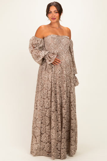 Mocha Lace Off Shoulder Long Sleeve Maternity Maxi Dress