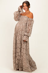 Mocha Lace Off Shoulder Long Sleeve Maternity Maxi Dress