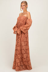 Rust Lace Off Shoulder Long Sleeve Maternity Maxi Dress