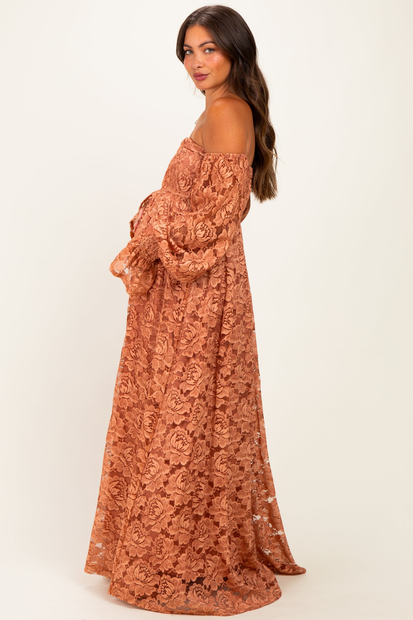 Rust Lace Off Shoulder Long Sleeve Maternity Maxi Dress