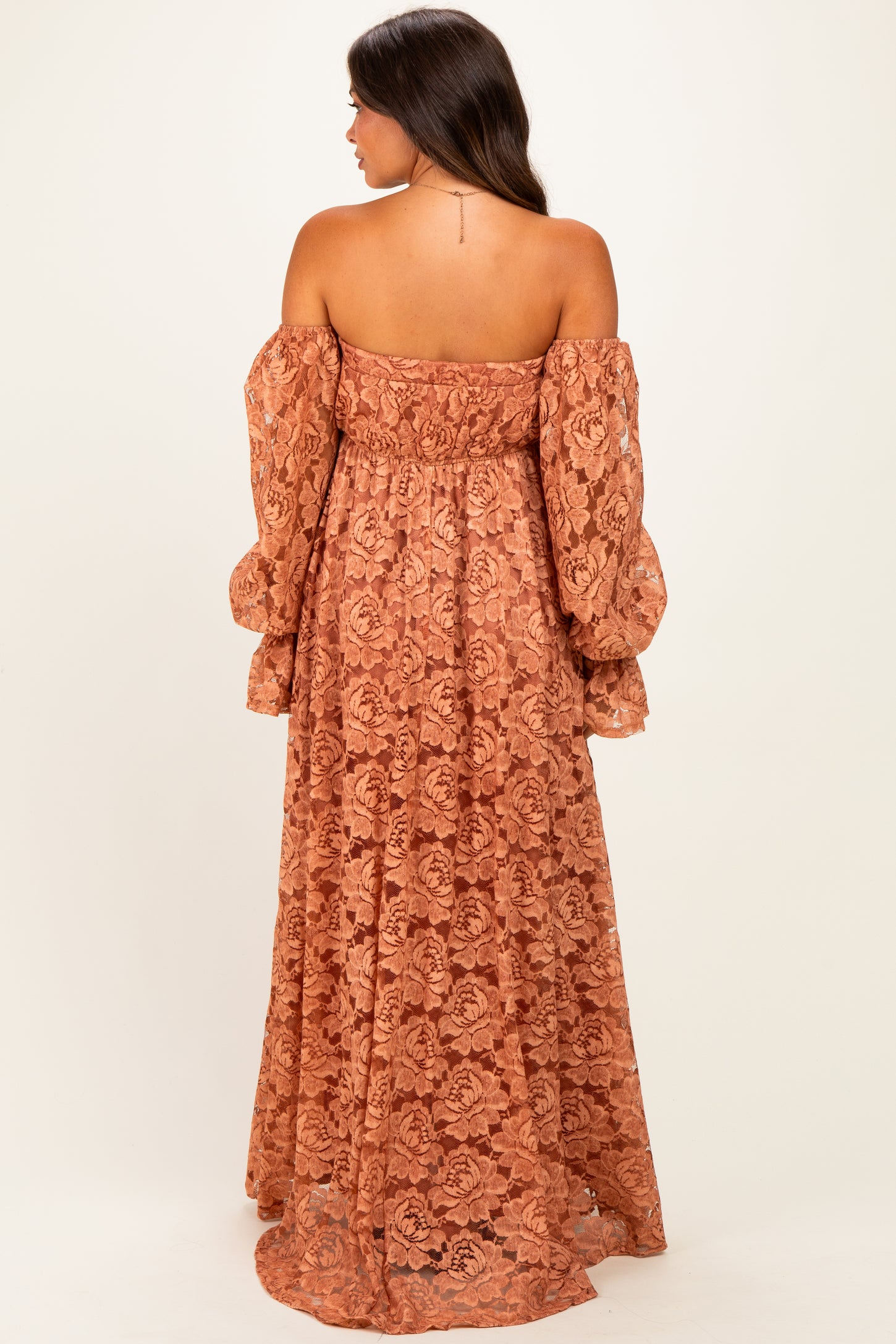 Rust Lace Off Shoulder Long Sleeve Maternity Maxi Dress