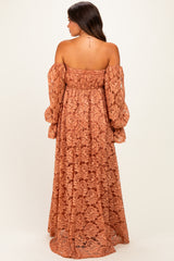 Rust Lace Off Shoulder Long Sleeve Maternity Maxi Dress