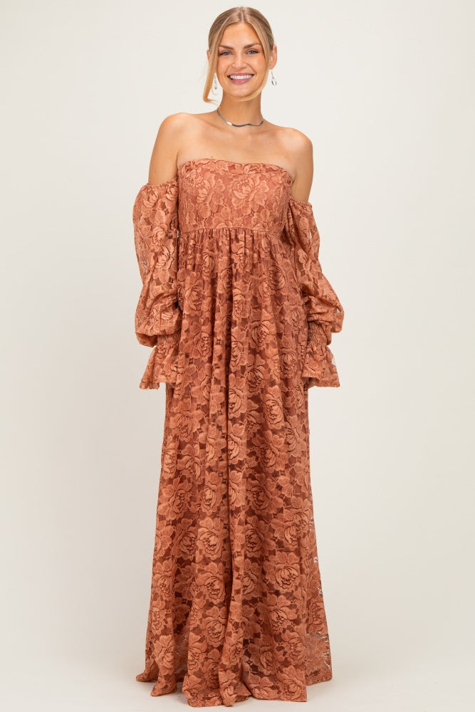 Rust Lace Off Shoulder Long Sleeve Maxi Dress