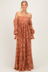 Rust Lace Off Shoulder Long Sleeve Maxi Dress