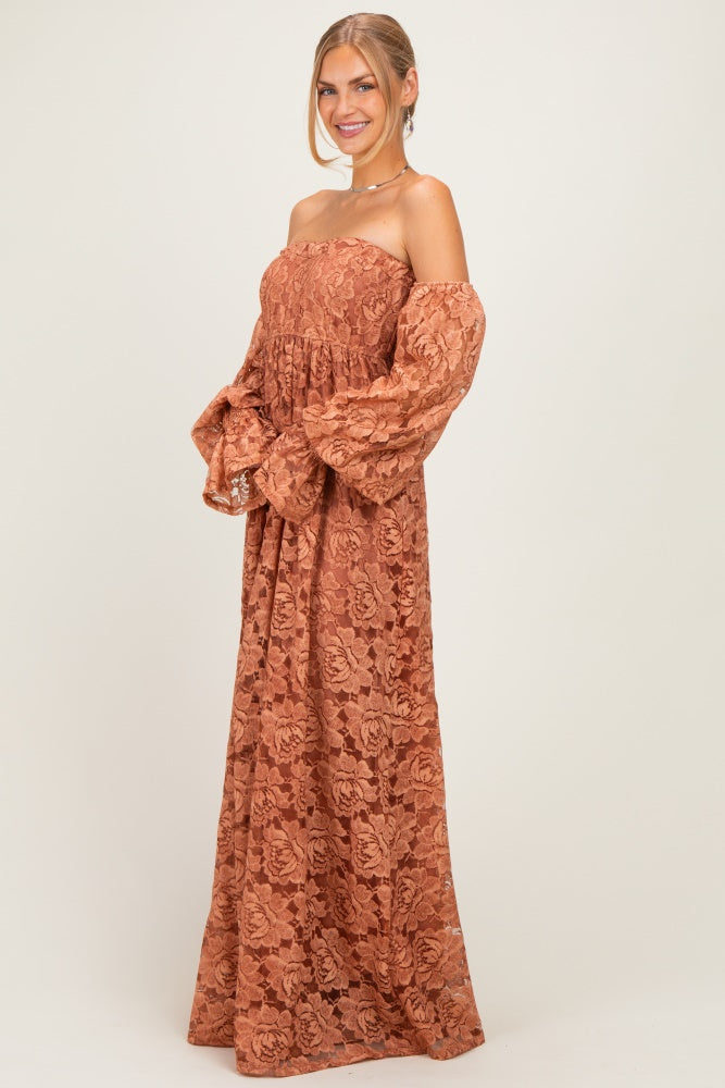 Rust Lace Off Shoulder Long Sleeve Maxi Dress