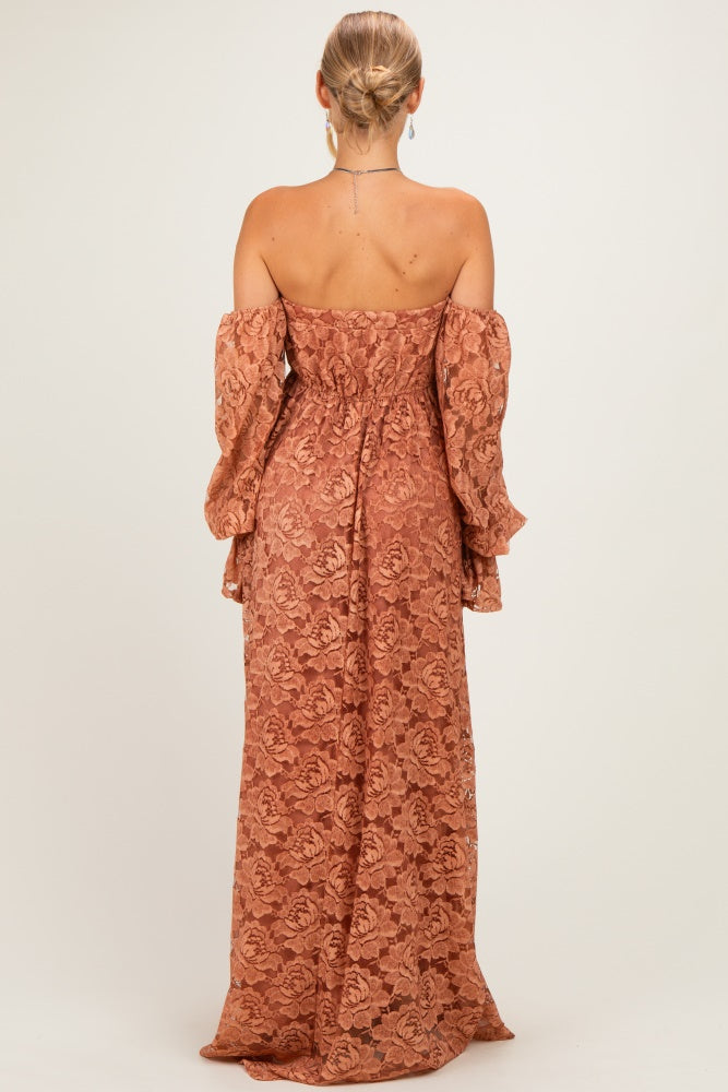 Rust Lace Off Shoulder Long Sleeve Maxi Dress