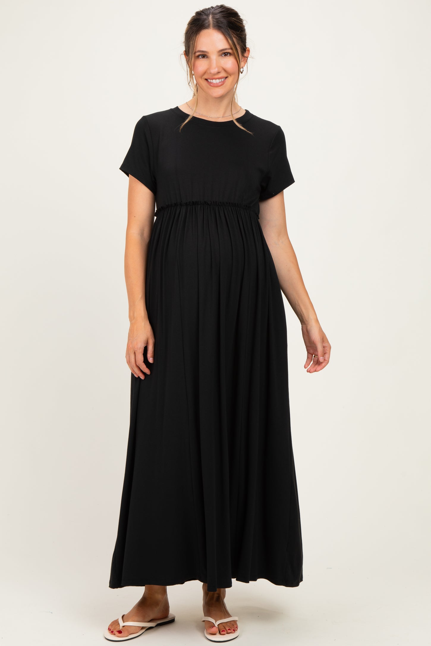 Black Ruffle Trim Maternity Maxi Dress