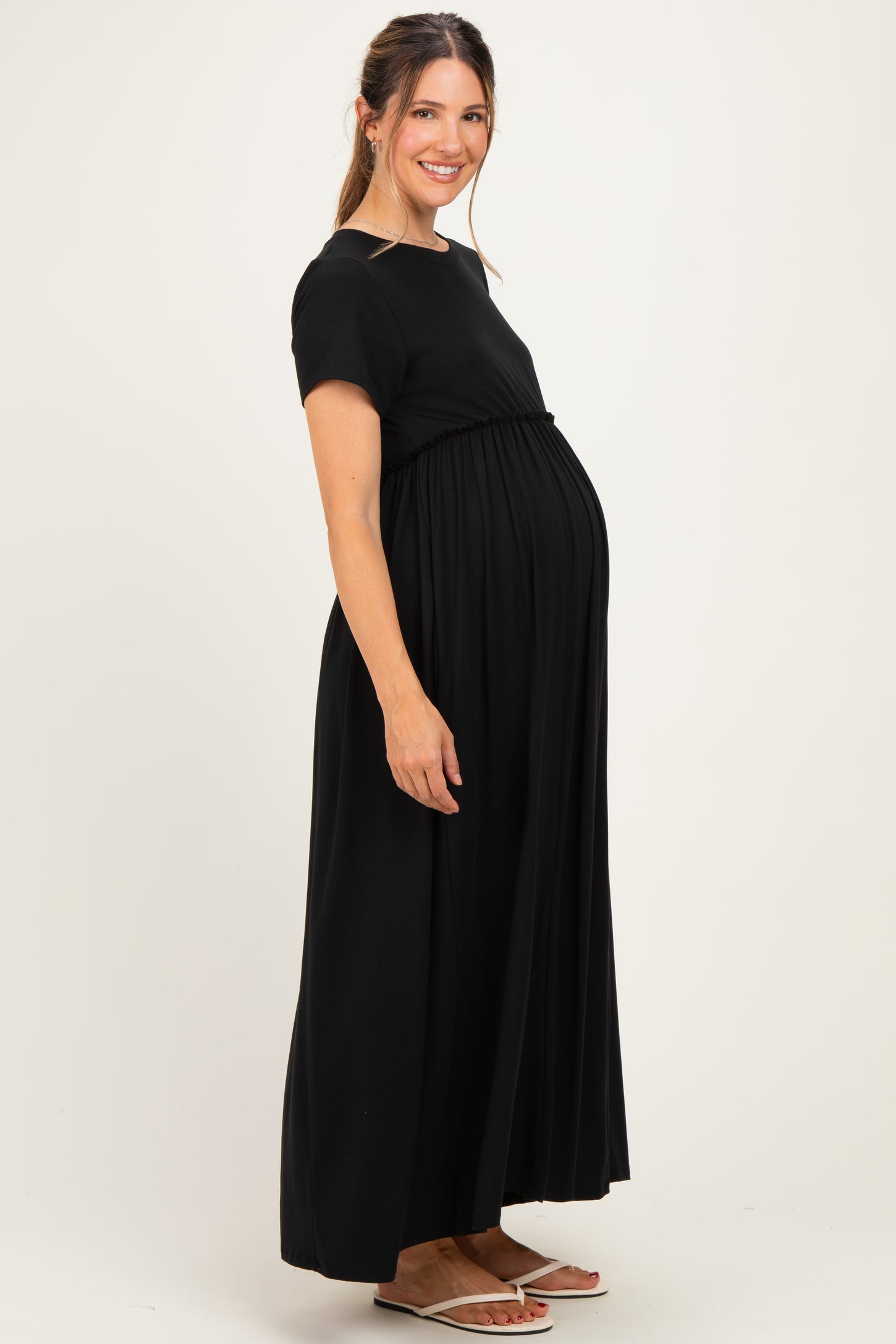 Black Ruffle Trim Maternity Maxi Dress