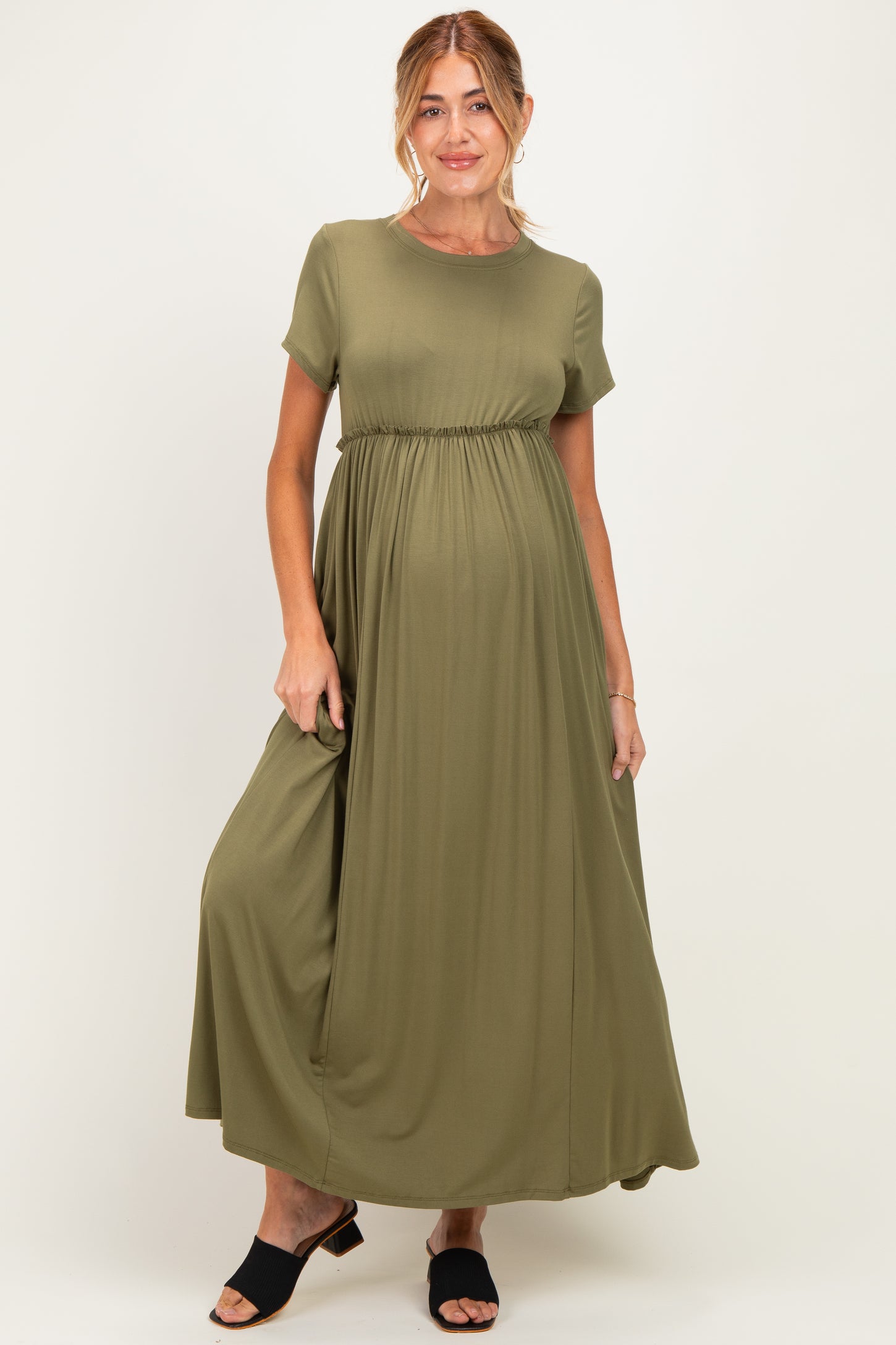 Olive Ruffle Trim Maternity Maxi Dress