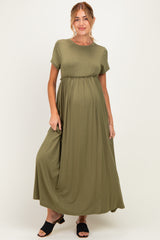 Olive Ruffle Trim Maternity Maxi Dress
