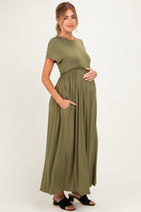Olive Ruffle Trim Maternity Maxi Dress
