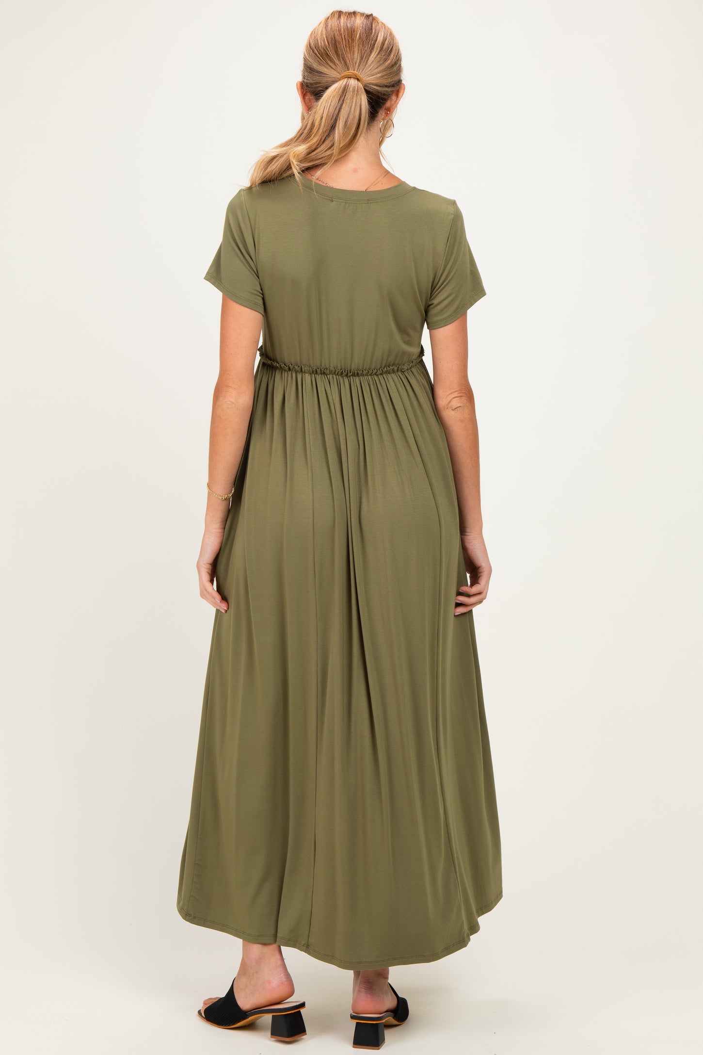 Olive Ruffle Trim Maternity Maxi Dress