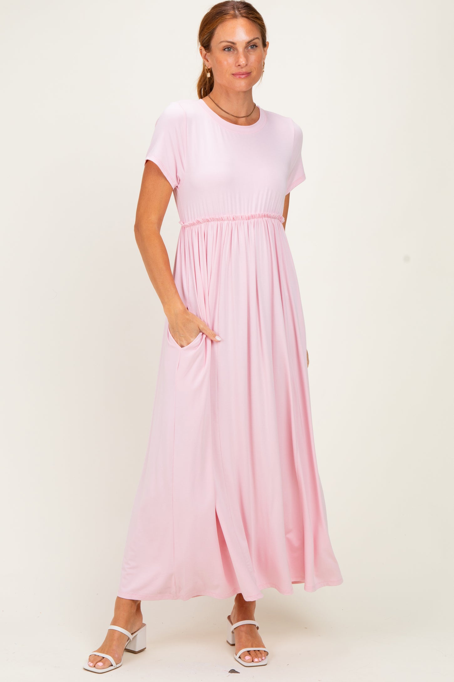 Pink Ruffle Trim Maternity Maxi Dress