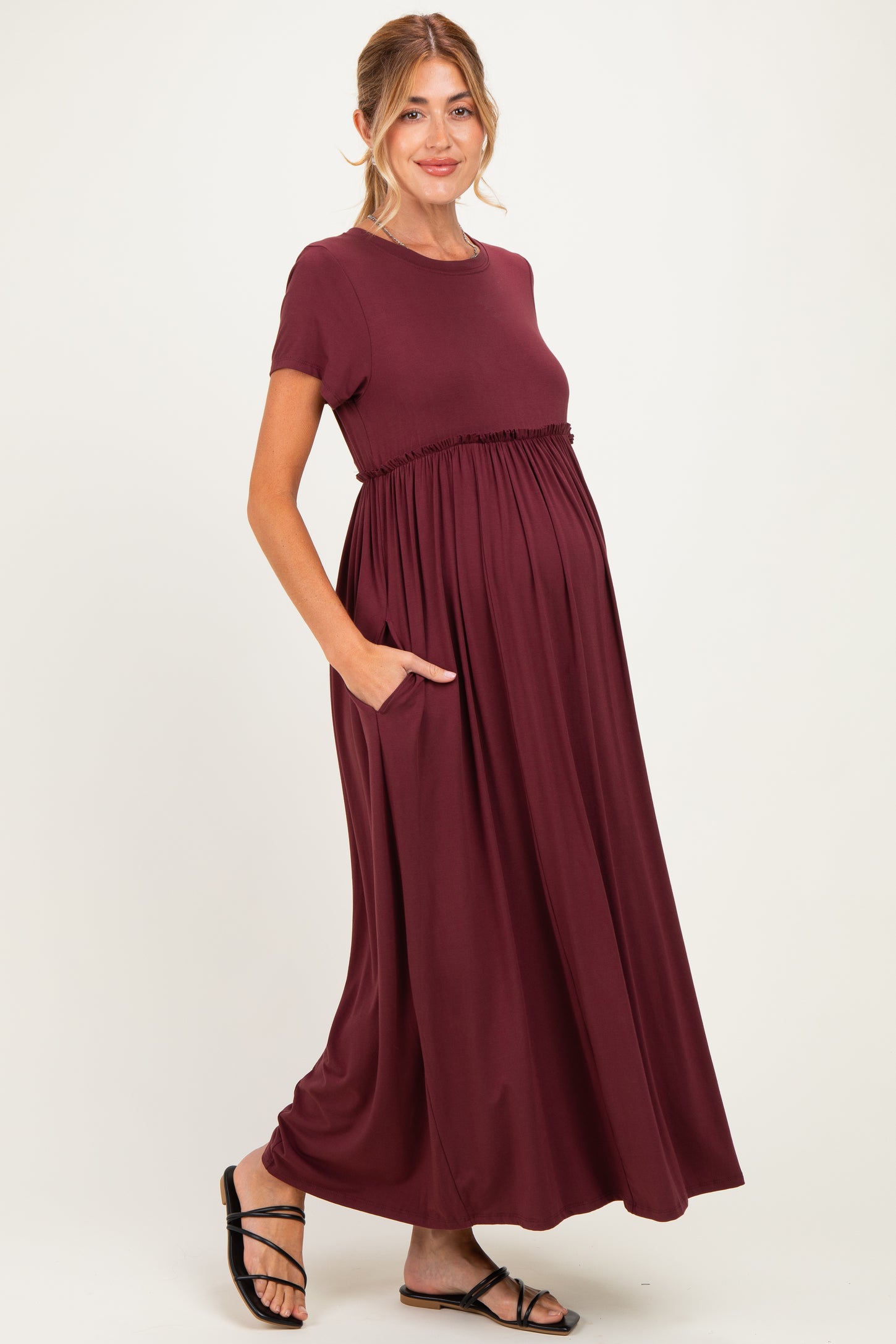 Plum Ruffle Trim Maternity Maxi Dress