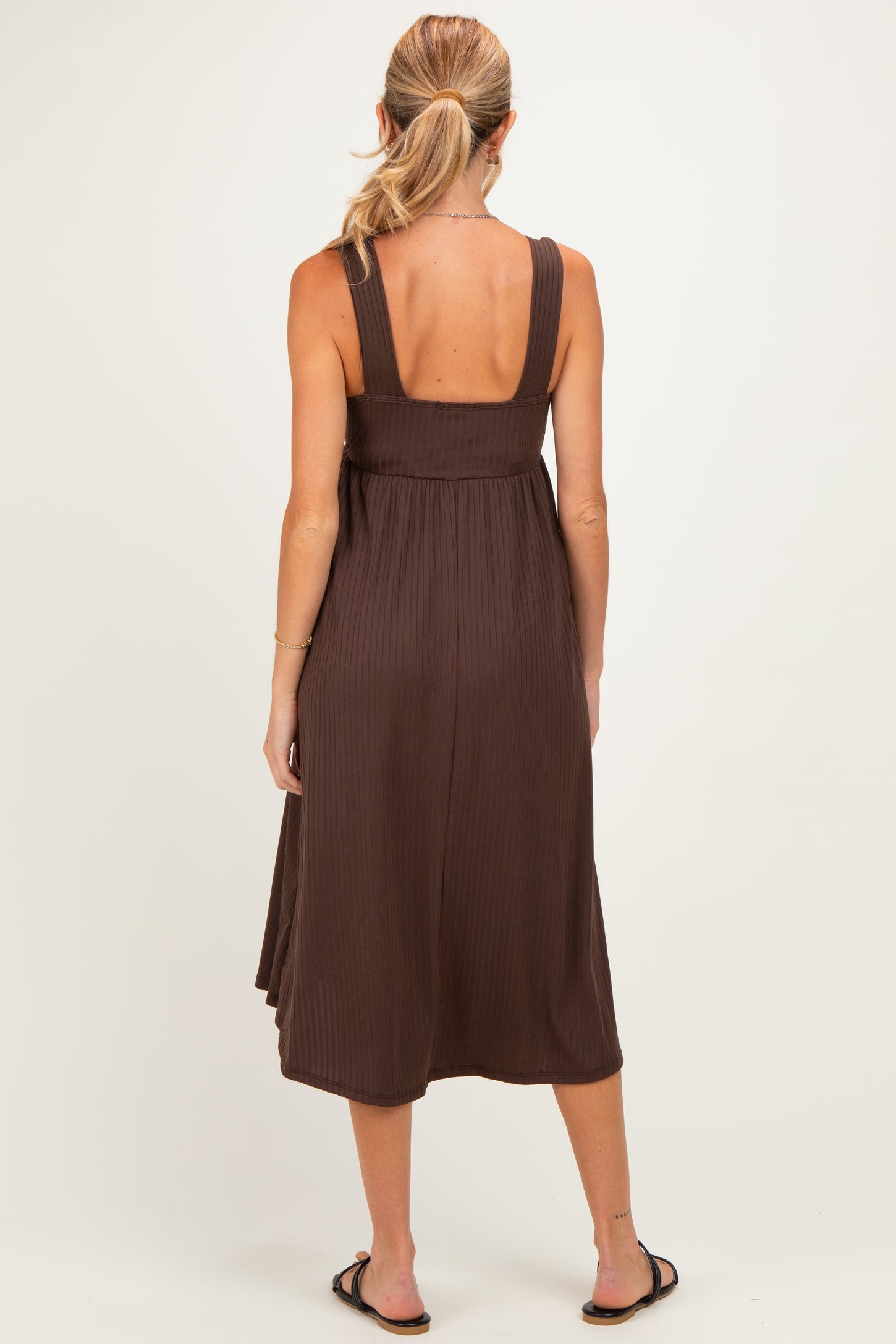 Brown Sleeveless Ribbed Knit A-Line Maternity Midi Dress