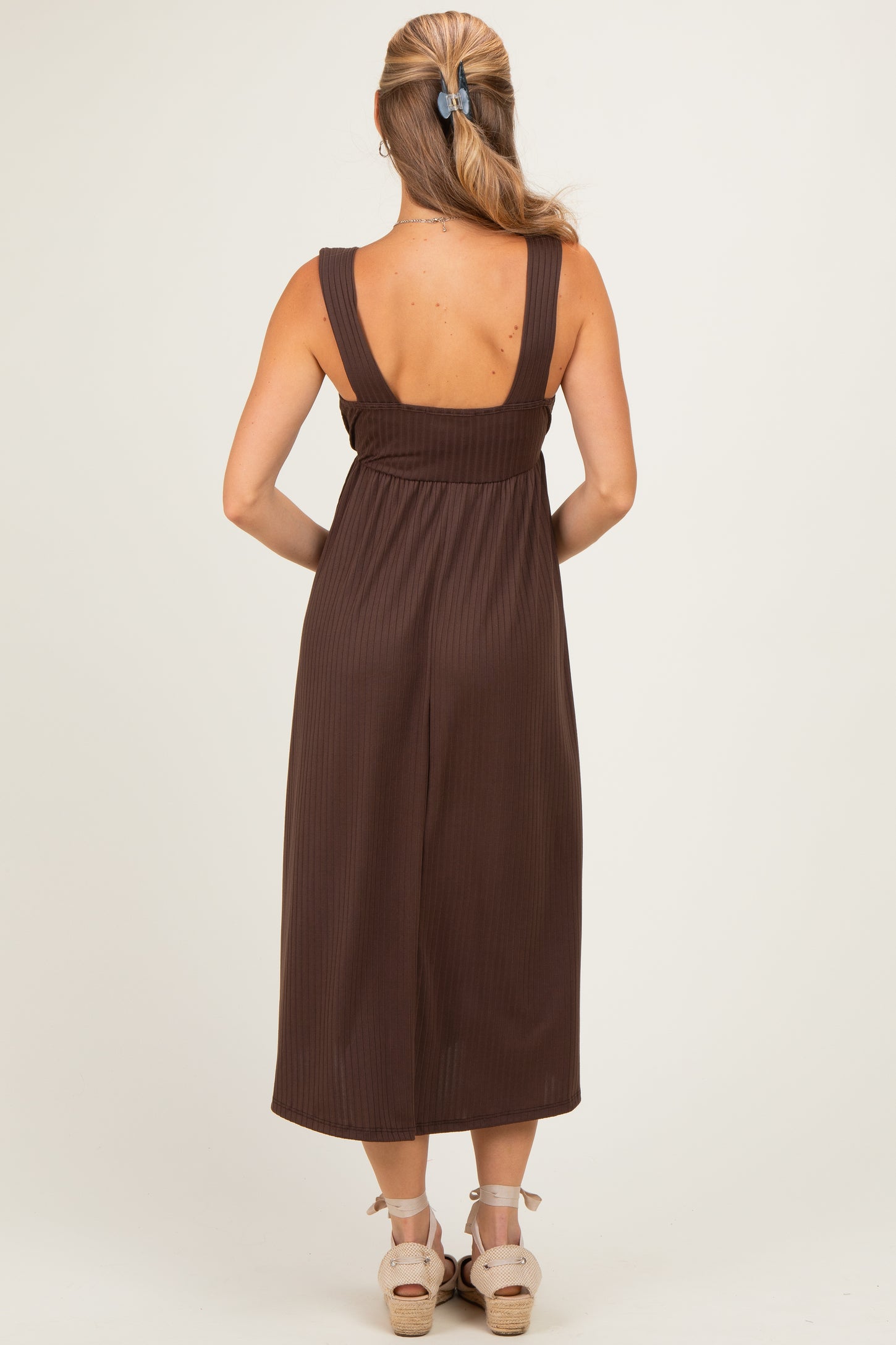 Brown Sleeveless Ribbed Knit A-Line Midi Dress