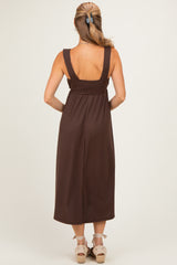Brown Sleeveless Ribbed Knit A-Line Midi Dress