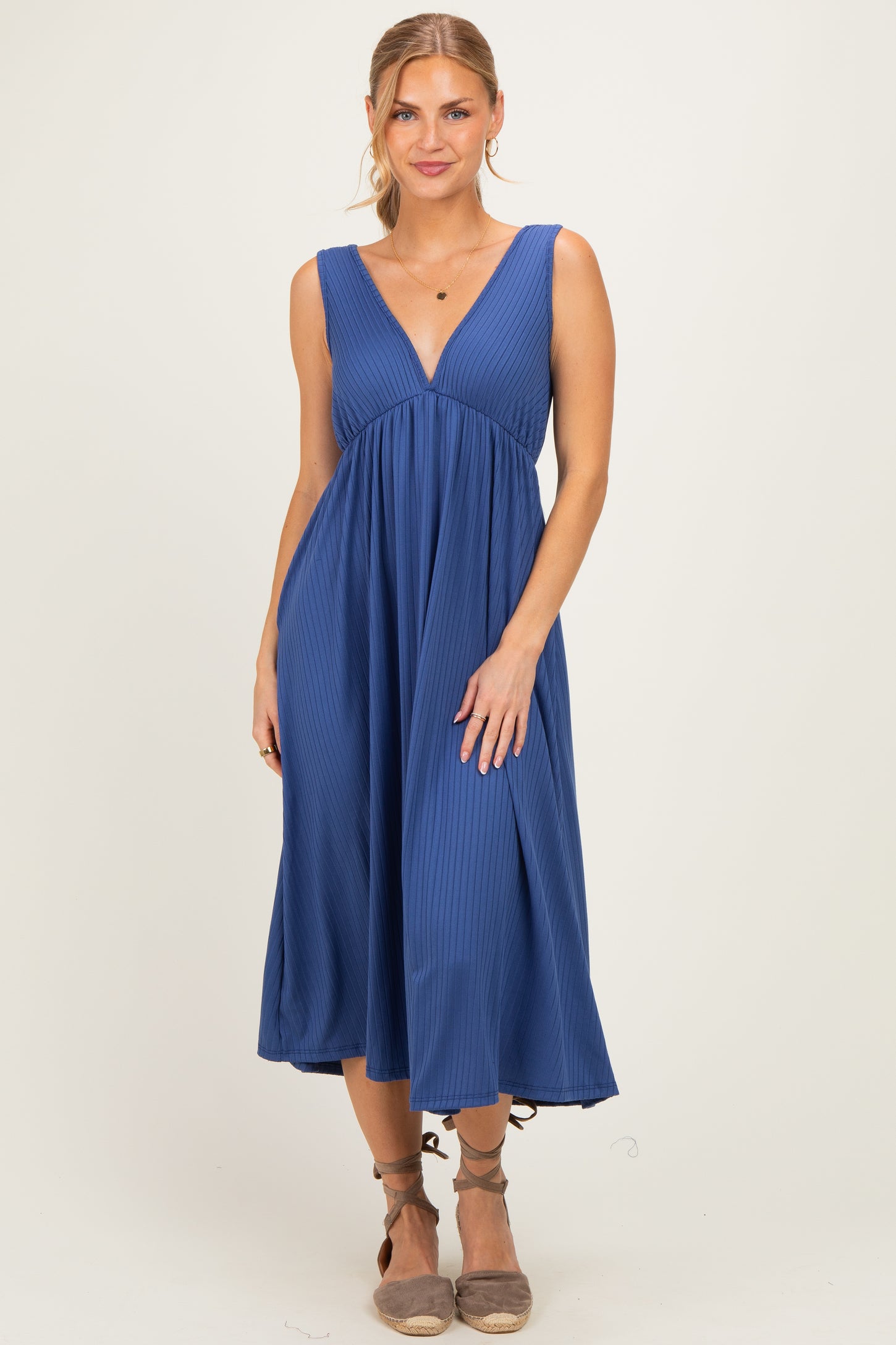 Blue Sleeveless Ribbed Knit A-Line Maternity Midi Dress
