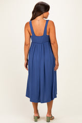 Blue Sleeveless Ribbed Knit A-Line Maternity Midi Dress