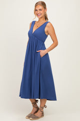 Blue Sleeveless Ribbed Knit A-Line Midi Dress