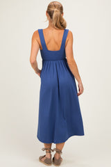 Blue Sleeveless Ribbed Knit A-Line Midi Dress