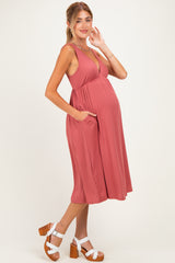 Mauve Sleeveless Ribbed Knit A-Line Maternity Midi Dress