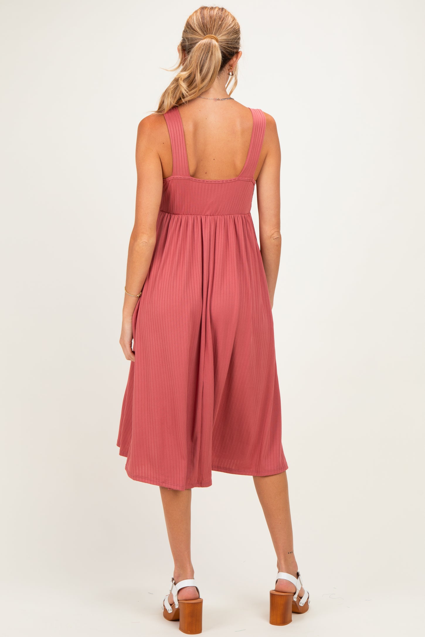 Mauve Sleeveless Ribbed Knit A-Line Maternity Midi Dress
