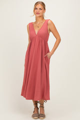 Mauve Sleeveless Ribbed Knit A-Line Maternity Midi Dress