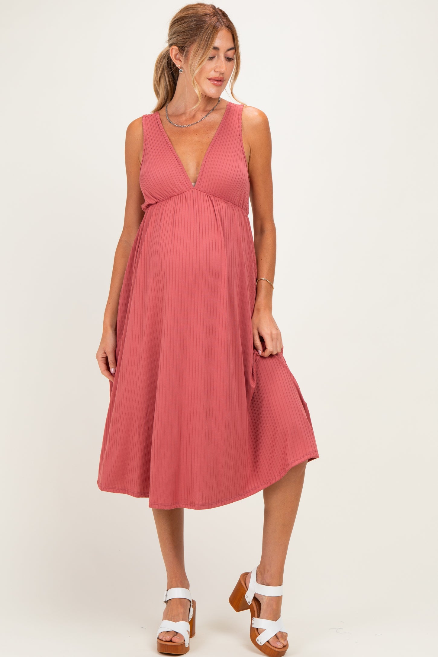 Mauve Sleeveless Ribbed Knit A-Line Maternity Midi Dress