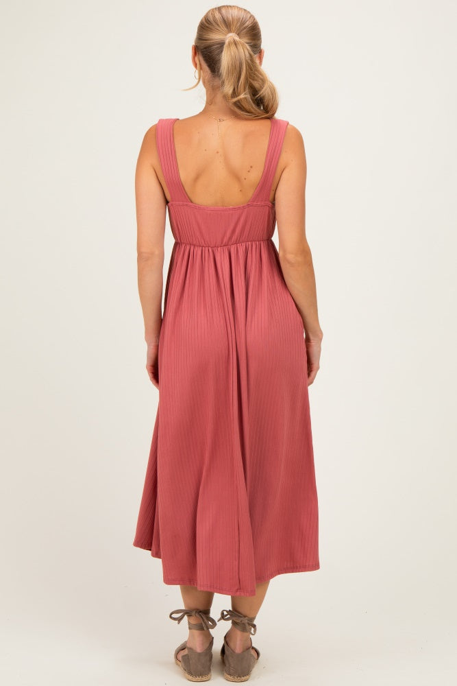 Mauve Sleeveless Ribbed Knit A-Line Midi Dress