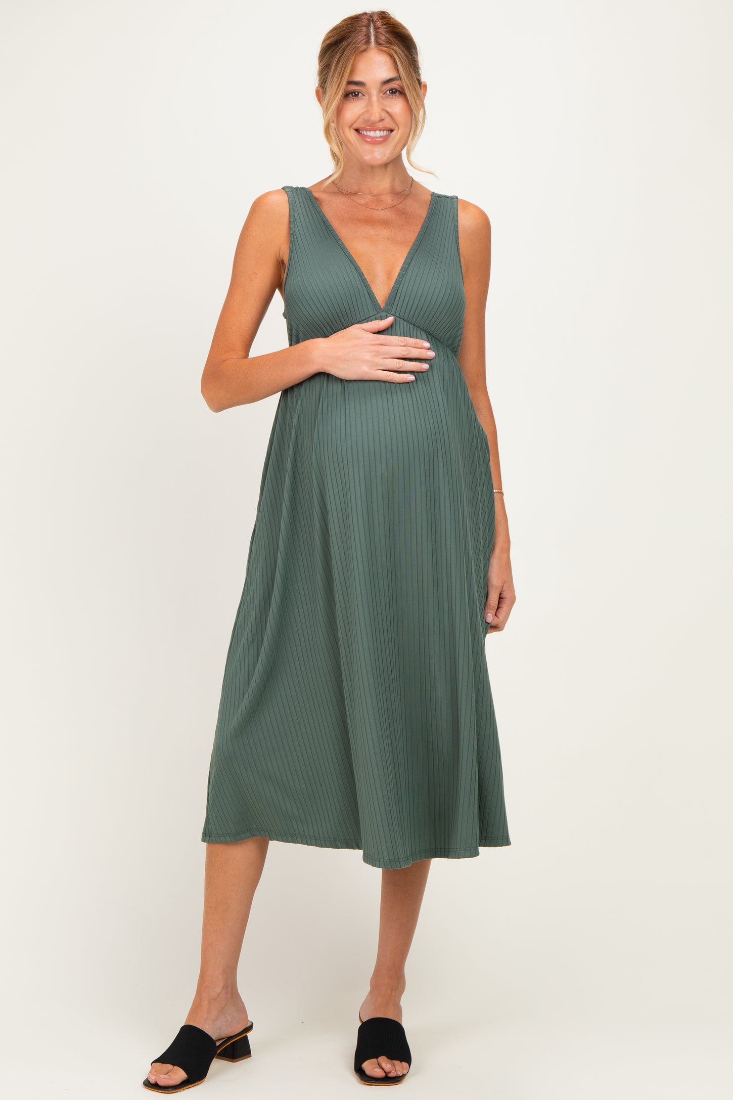 Olive Sleeveless Ribbed Knit A-Line Maternity Midi Dress