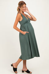 Olive Sleeveless Ribbed Knit A-Line Maternity Midi Dress