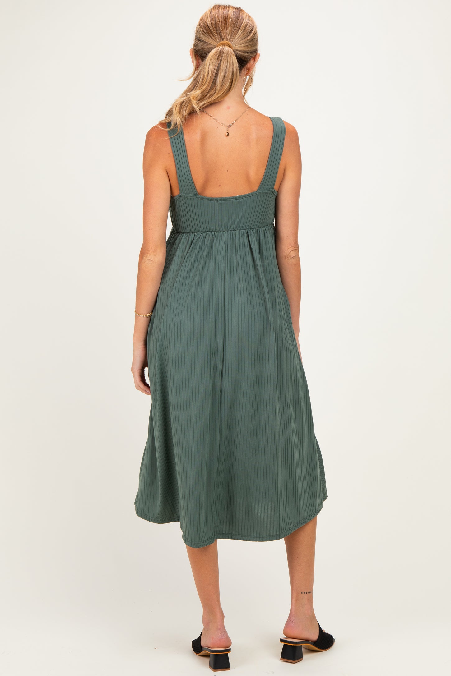 Olive Sleeveless Ribbed Knit A-Line Maternity Midi Dress