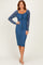 woman wearing a blue lace long sleeve midi dress with a fitted waist and scoop neckline