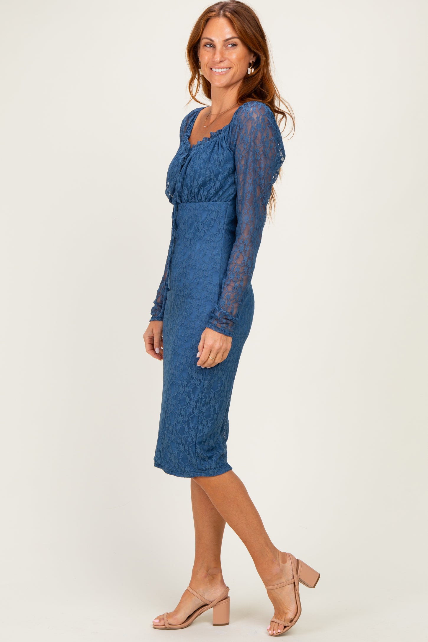 Blue Lace Long Sleeve Midi Dress